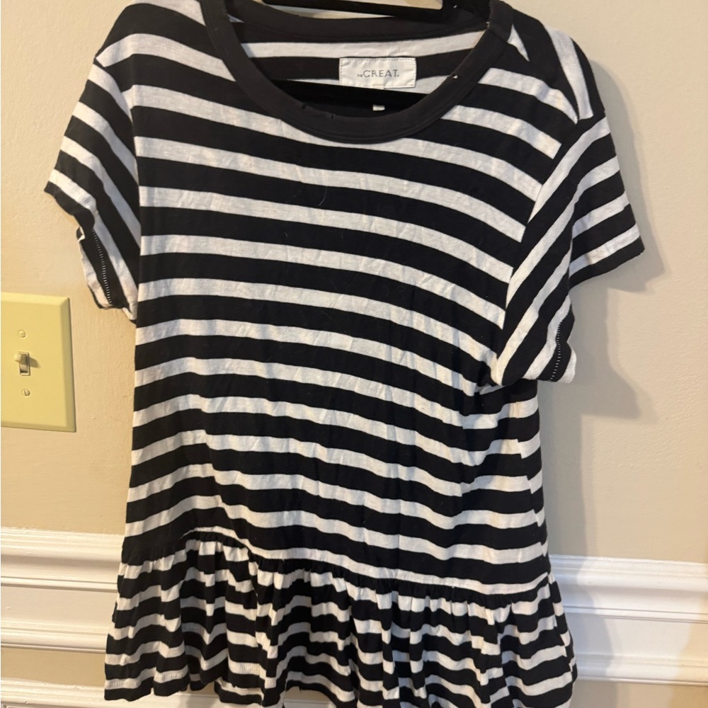THE GREAT. Black and White Striped Peplum Top